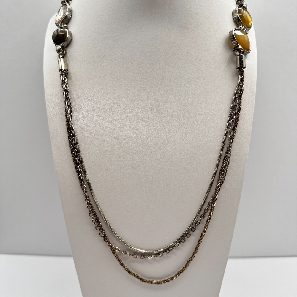 Vintage 90s LOFT Multi-Strand Necklace Silver Tone with Earthy Stones